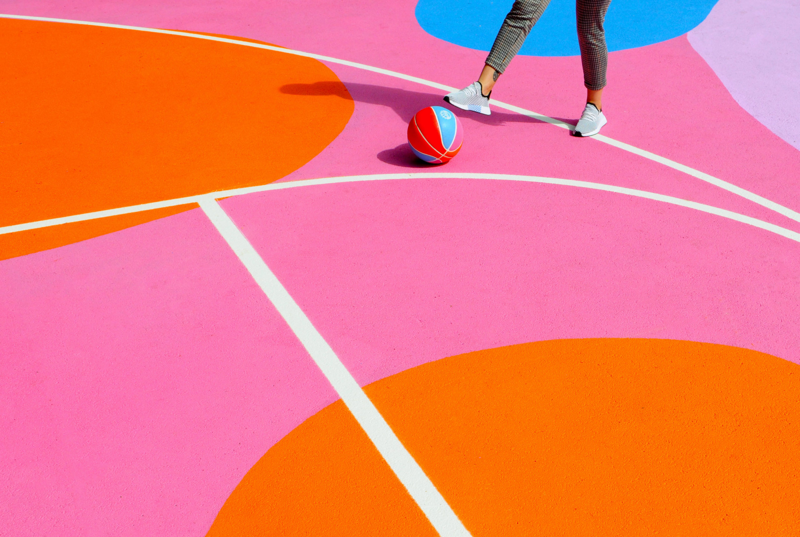 glorious polaroid lois o’hara legs basketball court painted bright colours art pink orange