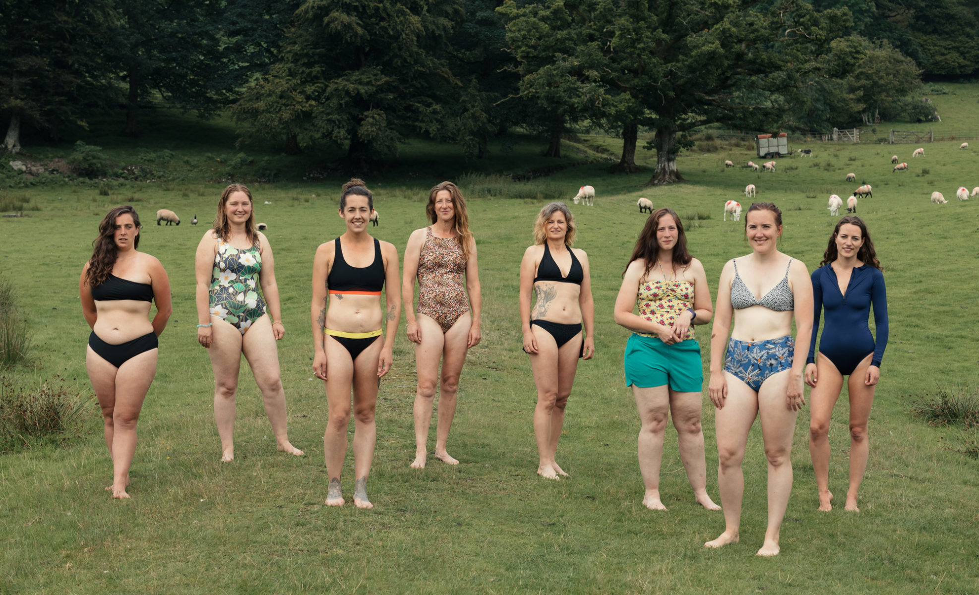 Women in swimsuits and bikini outside ready to go wild water swimming