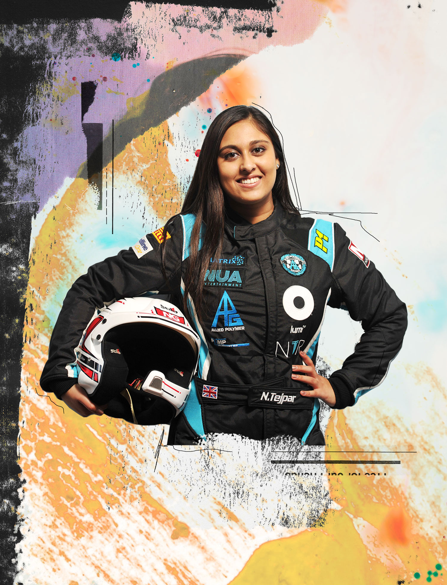 Portrait of female racing driver collage