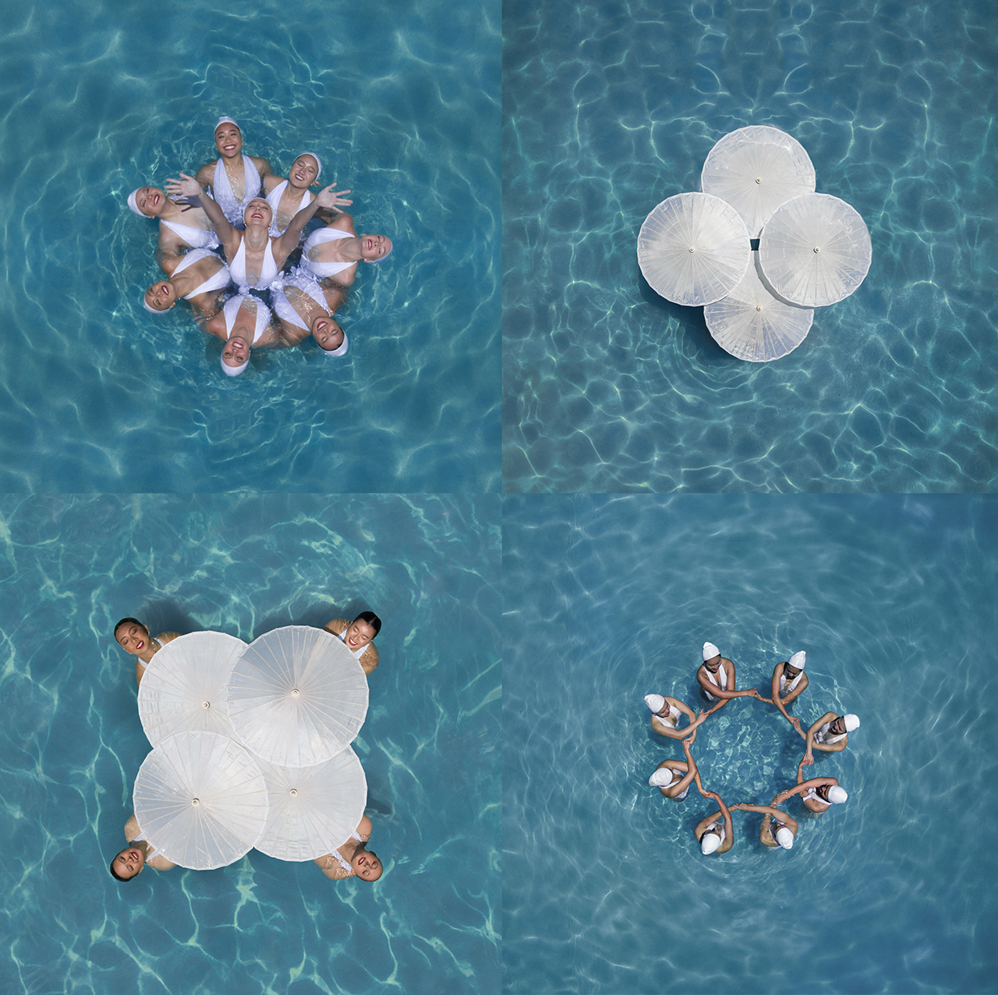 4 images of different poses of a synchronised swimming team with umbrellas