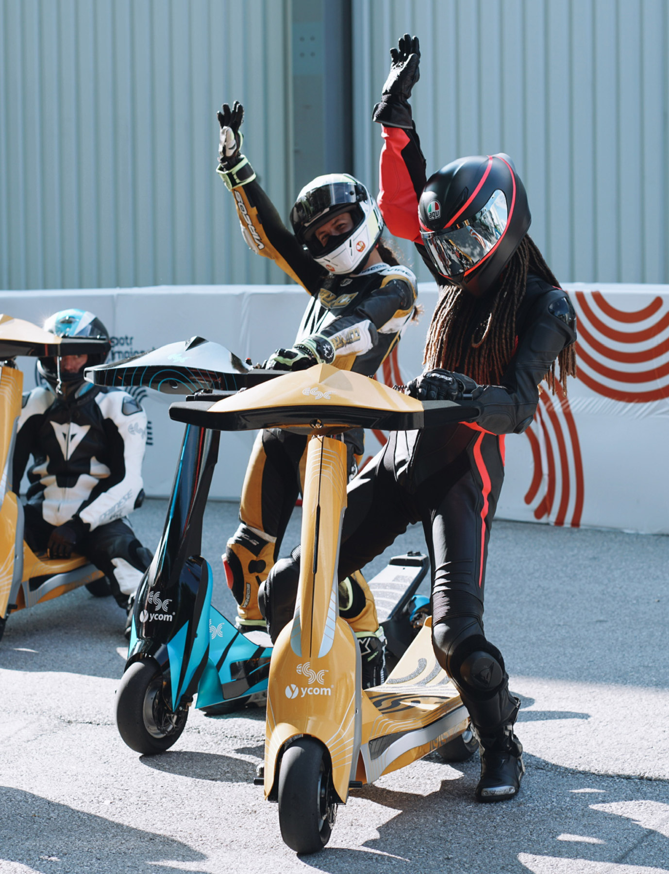 glorious jordan rand e scooter race racing after cheering with friend helmet